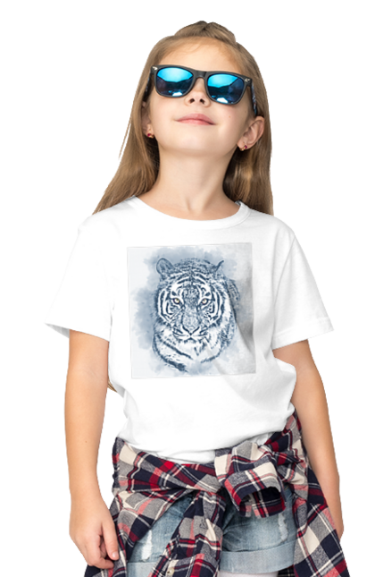Футболка дитяча з принтом "Тигр". Велика кішка, великий кіт, дика природа, дикий, звір, зуби, погляд, портрет, природа, стилізація, тварина, тигр, хижак. ART принт на футболках