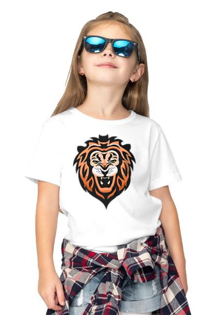 Футболка дитяча з принтом "Лев". Великий кіт, голова, дика природа, звір, знак зодіаку, зодіак, лев, м`ясоїдний, морда, природа, стилізація, стилізований, стиль, тварина, хижак. ART принт на футболках