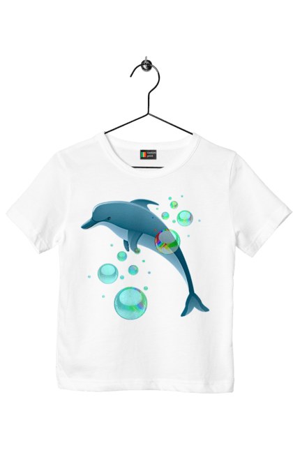 Футболка дитяча з принтом "Дельфін". Веселий, дельфін, дельфінарій, дикий, дресирований, кит, море, морський, океан, природа, розумний, ссавець, стрибок, тварина. ART принт на футболках