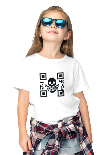 Футболка дитяча з принтом "Хакер hacker". Geek, hacker, ios, qr code, qr код, ай ті, айтішник, геймер, гік, іт, мем, позитив, пранк, програміст, розробник, хакер. ART принт на футболках