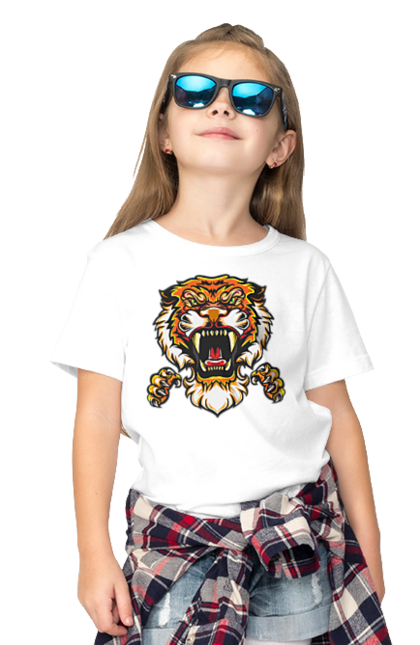 Футболка дитяча з принтом "Східний тигр". Велика кішка, великий кіт, дика природа, дикий, звір, зуби, паща, погляд, портрет, природа, стилізація, тварина, тигр, хижак. ART принт на футболках
