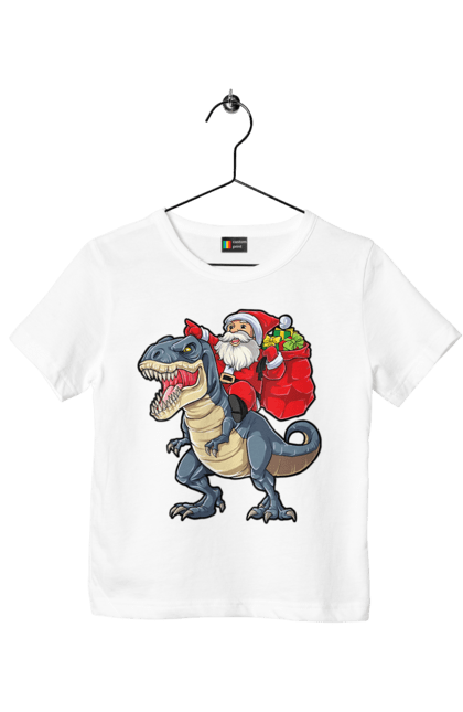 Футболка дитяча з принтом "Дід мороз на динозаврі доставляє подарунки". Динозавр, дід мороз, зима, новий рік, подарунки, різдво. Піно