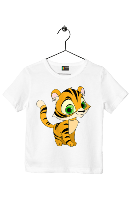 Футболка дитяча з принтом "Маленький тигр". Велика кішка, великий кіт, веселий, дика природа, дикий, дитинча, звір, маленький, мульт, мультик, мультфільм, погляд, портрет, природа, стилізація, тварина, тигр, тигреня, хижак. ART принт на футболках