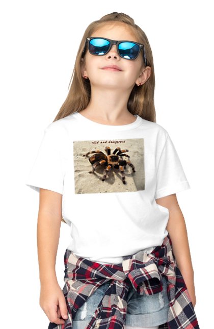 Футболка дитяча з принтом "Павук Птицеед, Тарантул". Бурий, величезний, дика природа, жовтий, мексика, небезпечний, отруйний, отрута, павук, павук птицеед, пісок, природа, птицеед, тарантул. ART принт на футболках