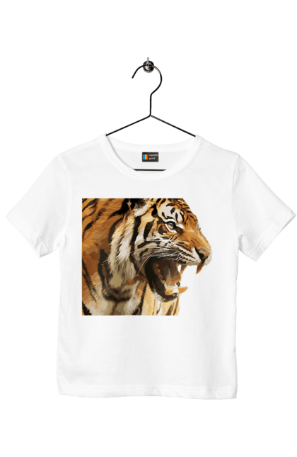 Футболка дитяча з принтом "Тигр". Велика кішка, великий кіт, дика природа, дикий, звір, зуби, паща, погляд, портрет, природа, стилізація, тварина, тигр, хижак. ART принт на футболках