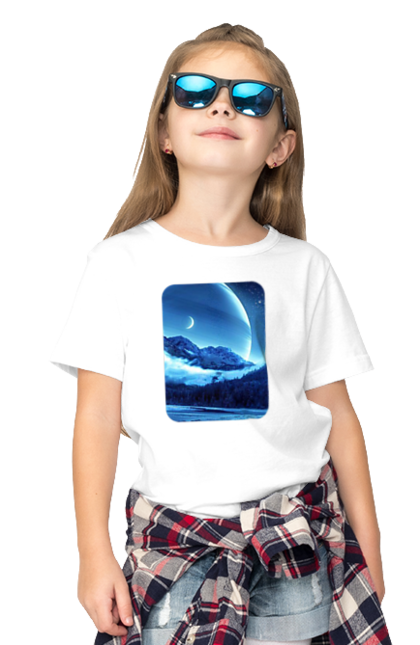 Футболка дитяча з принтом "Пейзаж". Гори, космос, краса, ліс, місяць, пейзаж, хмари. ART принт на футболках
