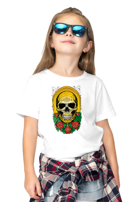 Футболка дитяча з принтом "Череп". Квіти, кості, роза, скелет, череп. CustomPrint.market