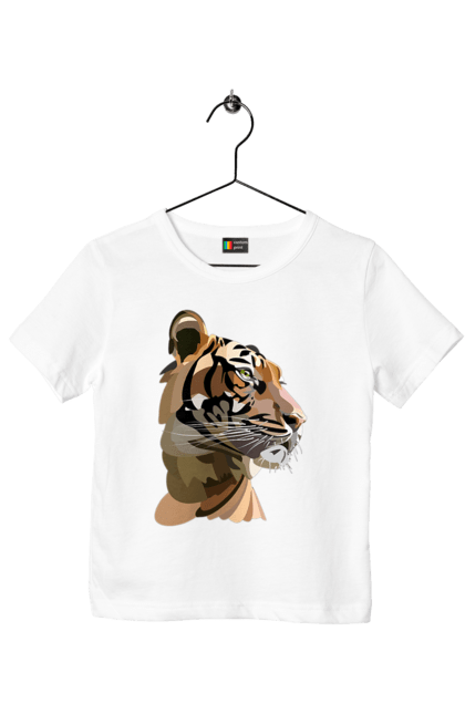 Футболка дитяча з принтом "Профіль тигра". Велика кішка, великий кіт, дика природа, дикий, звір, погляд, портрет, природа, профіль, стилізація, тварина, тигр, хижак. ART принт на футболках
