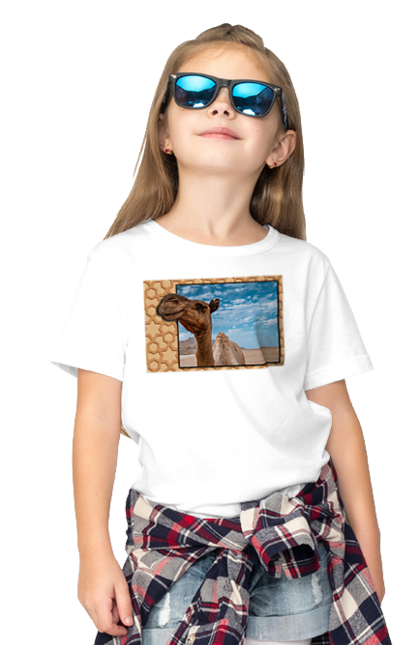 Футболка дитяча з принтом "Верблюд для подорожей". Африка, верблюд, відпочинок, відпустку, вояж, домашній, єгипет, круїз, мир, подорож, подорожувати, поїздка, пригоди, природа, пустеля, тварина, тур, туризм, турист, цукру. ART принт на футболках