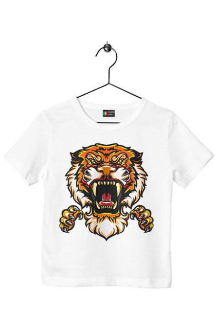 Футболка дитяча з принтом "Східний тигр". Велика кішка, великий кіт, дика природа, дикий, звір, зуби, паща, погляд, портрет, природа, стилізація, тварина, тигр, хижак. ART принт на футболках