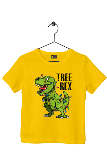 Футболка дитяча з принтом "Новий рік Tree Rex". Гірлянда, динозавр, новий рік, свято, тиранозавр. CustomPrint.market