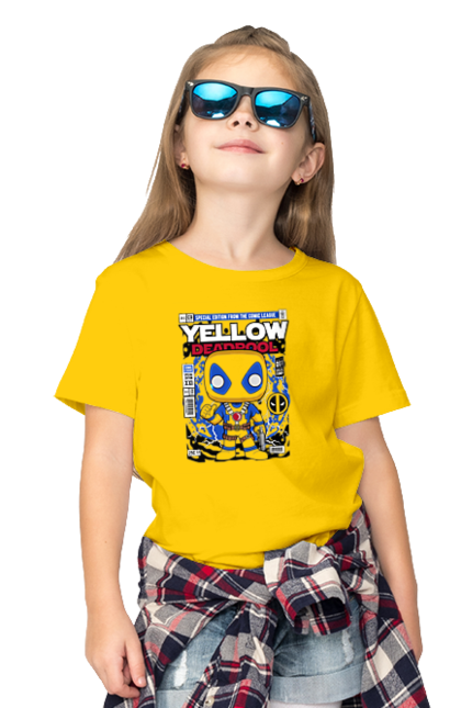 Футболка дитяча з принтом "Deadpool Yellow". Басейн, герой, дедпул, дивуватися, комікси, мем, мертвий, плівка. Funkotee