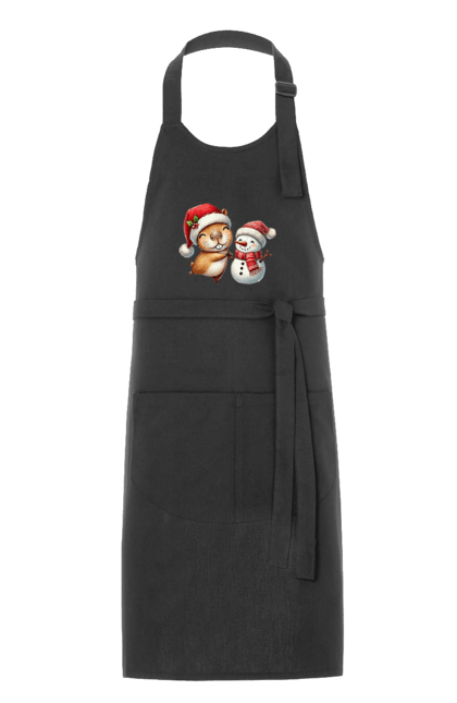 Apron with prints Capybara and Snowman. Animal, capybara, christmas, christmas capybara, gift, holiday, new year, new year`s gift, santa, snowman. 2070702