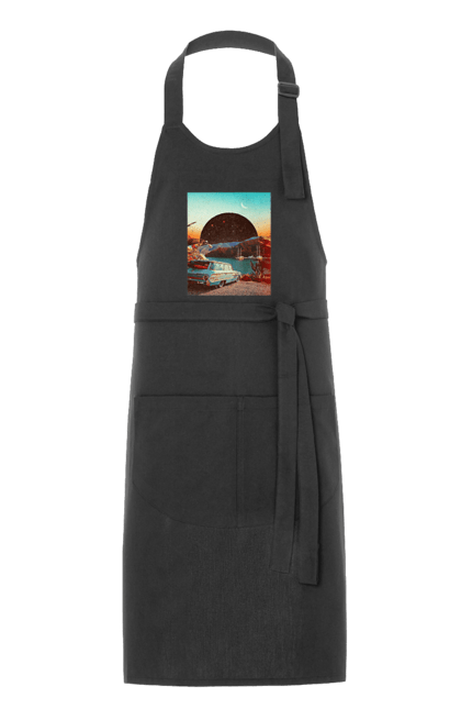 Apron with prints Painting, car by the river. Joke, machine, picture, planet, retro, river. 2070702