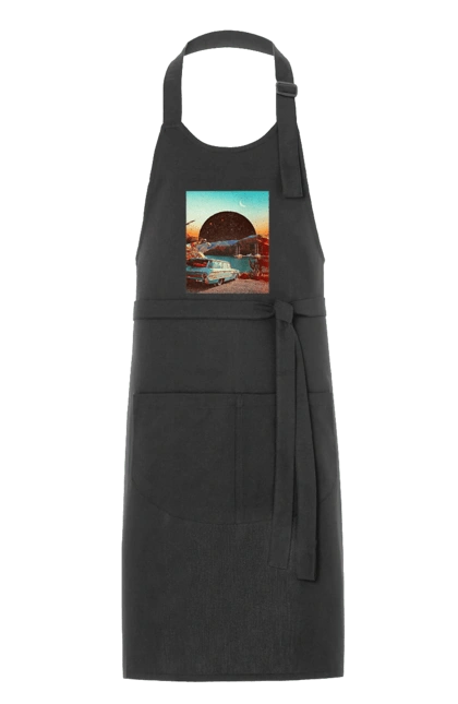 Apron with prints Painting, car by the river. Joke, machine, picture, planet, retro, river. 2070702