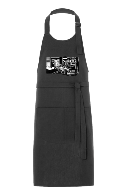 Фартух з принтом "Небезпечний Автомобіль на дорогах вулиць". Автомобіль, гонки, машина, небезпечний, чорно білий, швидкий. 2070702