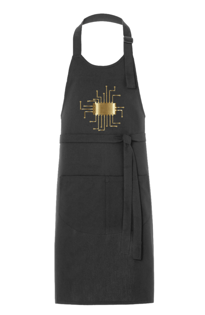 Фартух з принтом "Золотий Чіп". Айті, айтішник, гик, золотий, золото, інженер, кібернетика, код, комп, комп’ютерник, кристал, мікросхема, програміст, професія, розробник, чіп. 2070702