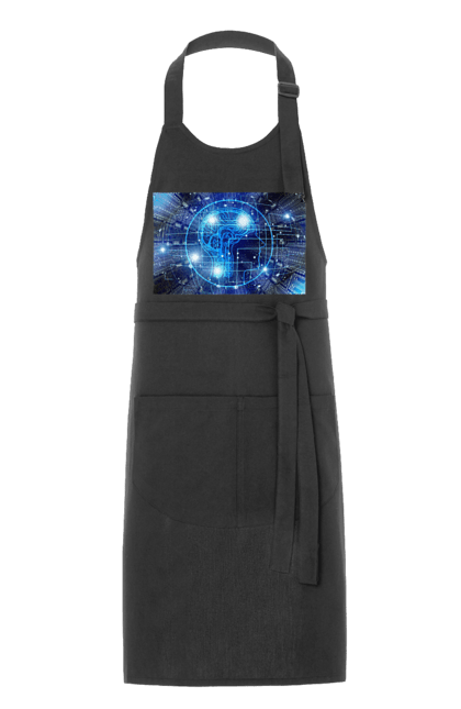 Фартух з принтом "Штучний інтелект". Айті, айтішник, гік, знання, інженер, інтелект, кібер, кібернетика, кіборг, код, комп, комп`ютерник, кристал, машинне навчання, мікросхема, мозок, портрет, програміст, професіонал, професія, розробник, розум, хакер, чіп, штучний інтелект, штучний розум. 2070702