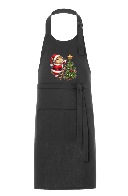 Apron with prints Christmas Capybara with a Tree. Animal, capybara, christmas, christmas capybara, christmas tree, gift, holiday, new year, new year`s gift, santa. 2070702