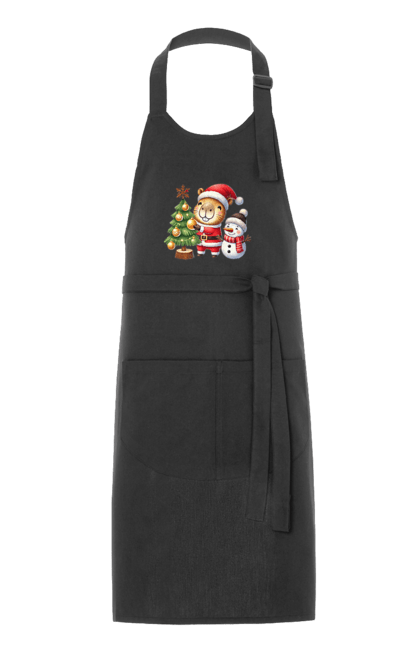 Apron with prints Christmas Capybara with a Tree. Animal, capybara, christmas, christmas capybara, christmas tree, gift, holiday, new year, new year`s gift, santa. 2070702