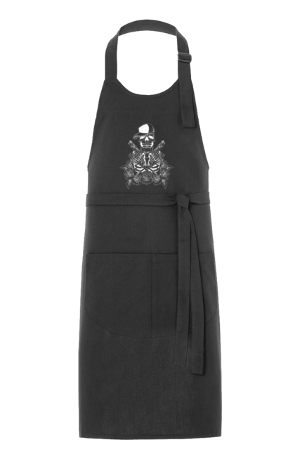 Apron with prints Skeleton with pistols. Black and white, bones, cap, gun, roses, scull, skeleton, teeth. 2070702