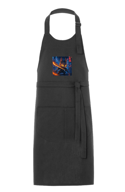 Фартух з принтом "Лабубу". Аніместиль, дія, катана, кіберніндзя, кіберпанк, лабубу, меч, неонове місто, очі` що світяться. 2070702