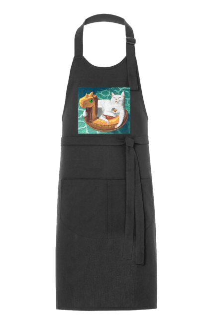 Фартух з принтом "Білий кіт у плавальному колі, на відпочинку". Басейн, відпочинок, кіт, коктейль, море, плавальний круг. 2070702