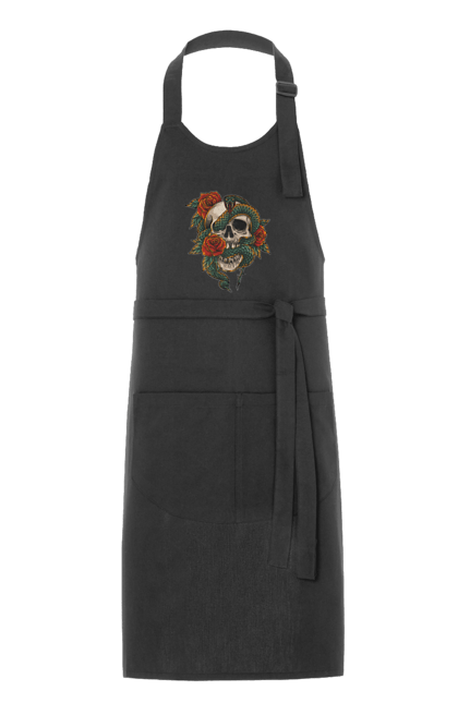 Apron with prints Skull with a snake. Bones, flowers, roses, scales, scull, snake, spikes, teeth. 2070702