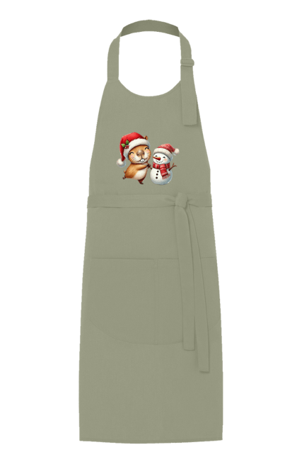 Apron with prints Capybara and Snowman. Animal, capybara, christmas, christmas capybara, gift, holiday, new year, new year`s gift, santa, snowman. 2070702