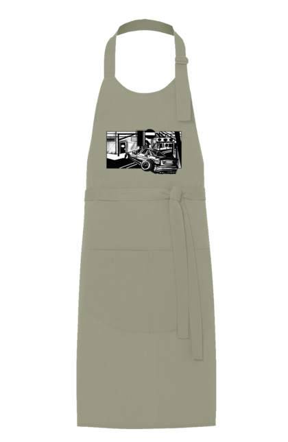 Фартух з принтом "Небезпечний Автомобіль на дорогах вулиць". Автомобіль, гонки, машина, небезпечний, чорно білий, швидкий. 2070702