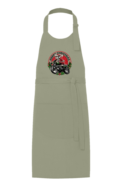 Фартух з принтом "Щасливого Різдва, дід мороз на мотоциклі". 2022, дід мороз, зима, мотоцикл, новий рік, подарунки, різдво, санта, сніг. 2070702