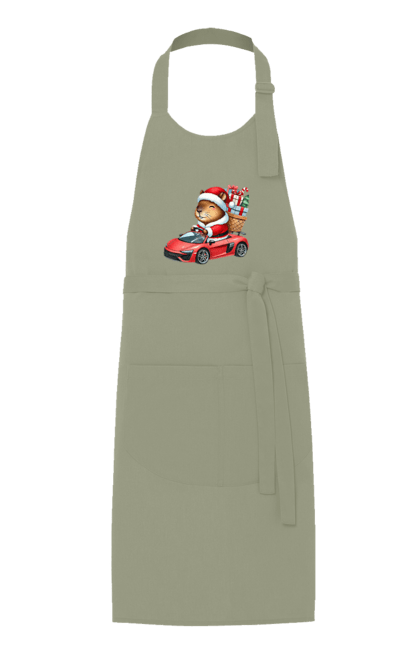 Apron with prints Christmas Capybara with a Gift. Animal, capybara, car, christmas, christmas capybara, gift, holiday, new year, new year`s gift, santa. 2070702