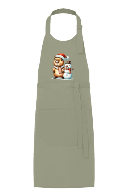 Apron with prints Capybara and Snowman. Animal, capybara, christmas, christmas capybara, gift, holiday, new year, new year`s gift, santa, snowman. 2070702