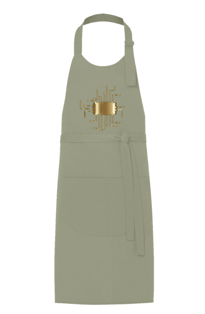 Фартух з принтом "Золотий Чіп". Айті, айтішник, гик, золотий, золото, інженер, кібернетика, код, комп, комп’ютерник, кристал, мікросхема, програміст, професія, розробник, чіп. 2070702