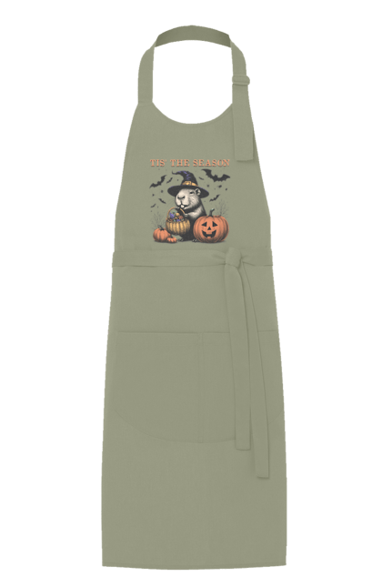 Apron with prints Capybara Halloween. Animal, capybara, ghost, halloween, holiday, moon, pumpkin, rodent, witch. 2070702