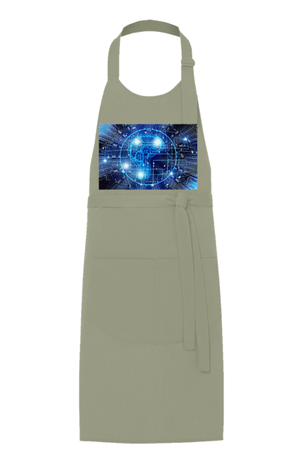 Фартух з принтом "Штучний інтелект". Айті, айтішник, гік, знання, інженер, інтелект, кібер, кібернетика, кіборг, код, комп, комп`ютерник, кристал, машинне навчання, мікросхема, мозок, портрет, програміст, професіонал, професія, розробник, розум, хакер, чіп, штучний інтелект, штучний розум. 2070702