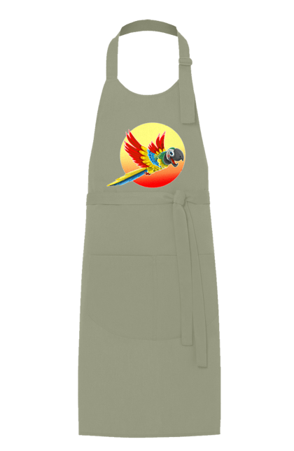 Фартух з принтом "Папуга На Тлі Сонця". Ара, веселий, відпочинок, відпустка, диск, жарко, жовтий, коло, кольоровий, крила, літає, літо, папуга, папужка, пір`я, політ, помаранчевий, птах, різнокольоровий, сонце, сонячно, спека, тепло, тропіки, у польоті, червоний. 2070702