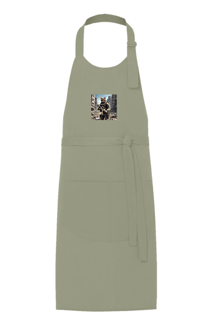 Apron with prints Paratrooper cat. Bulletproof vest, camouflage, cat, gun, hacker, military, rifle, war. 2070702