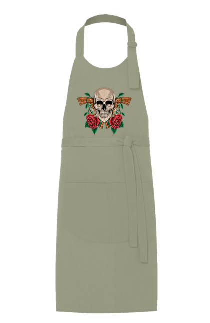 Apron with prints Skull with roses. Bones, eyes, flowers, gun, leaves, rose flower, scull, spikes, teeth. 2070702