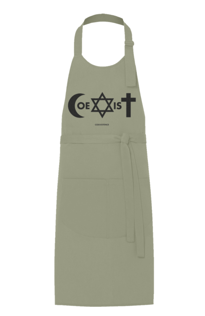 Фартук с принтом Coexist. Coexist, ислам, иудаизм, межрелигиозный диалог, равенство, религия, символы веры, толерантность, христианство. 2070702