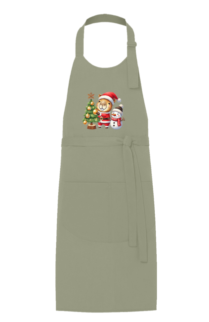 Apron with prints Christmas Capybara with a Tree. Animal, capybara, christmas, christmas capybara, christmas tree, gift, holiday, new year, new year`s gift, santa. 2070702