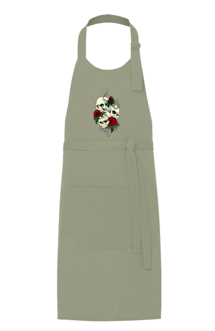 Apron with prints Skulls with roses. Bones, eyes, flowers, leaves, rose flower, roses, scull, spikes, teeth. 2070702