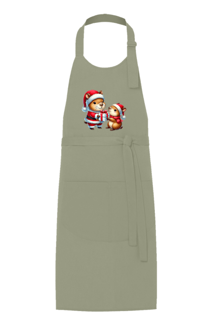 Apron with prints Christmas Capybara with a Gift. Animal, capybara, christmas, christmas capybara, gift, holiday, new year, new year`s gift, santa. 2070702