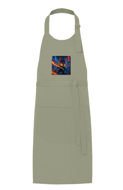 Фартух з принтом "Лабубу". Аніместиль, дія, катана, кіберніндзя, кіберпанк, лабубу, меч, неонове місто, очі` що світяться. 2070702