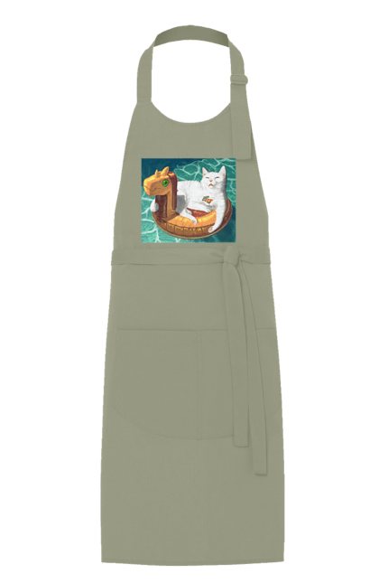 Фартух з принтом "Білий кіт у плавальному колі, на відпочинку". Басейн, відпочинок, кіт, коктейль, море, плавальний круг. 2070702