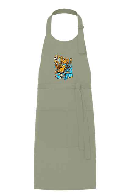 Фартух з принтом "Жовті квіти на синьому фоні". Арт, жовтий та синій, жовті квіти, жовто-синій, квіти, малюнок, природа, синій та жовтий, синьо-жовтий. 2070702