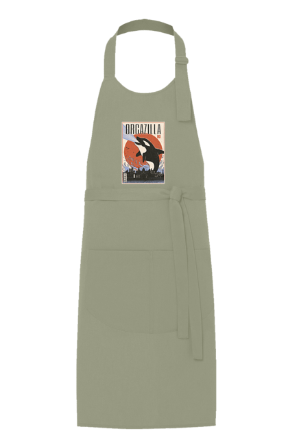 Apron with prints Orcazilla. Cartoon style design, graphic, japan print, japanese, japanese art, japanese poster, japanese poster orca, ocean wildlife, orca, orcazilla. 2070702