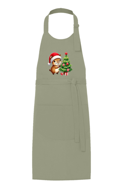 Apron with prints Christmas Capybara with a Tree. Animal, capybara, christmas, christmas capybara, christmas tree, gift, holiday, new year, new year`s gift, santa. 2070702