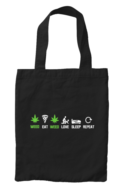 Сумка з принтом "Їсти , любити, спати, повторити". Їсти, коноплі, любов, піца, повторити, секс, сон, спати, трава. 2070702