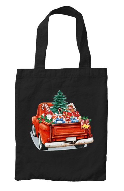 Bag with prints Car with gifts. Car, christmas, new year, presents, santa, tree. 2070702